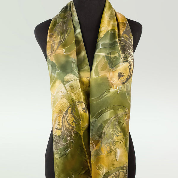 Hand-painted ginkgo silk scarf, green/gold