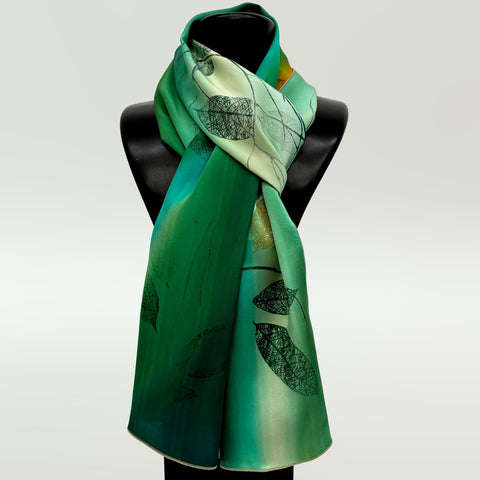 Hand-painted spring leaves scarf, green/blue/gold