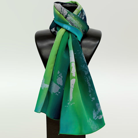 Hand-painted abstract art silk scarf, teal/green