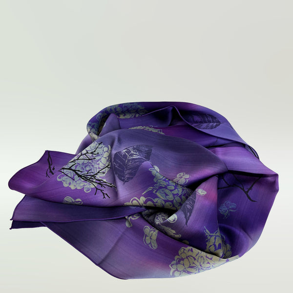Hand-painted Hydrangea silk scarf, purple