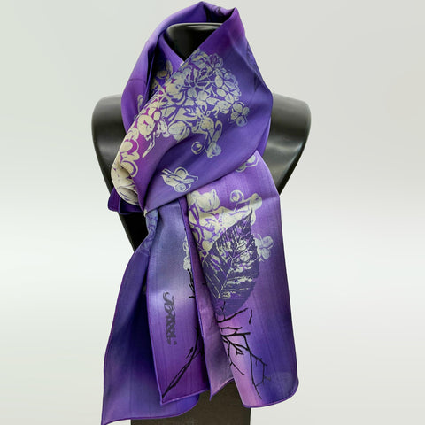 Hand-painted Hydrangea silk scarf, purple
