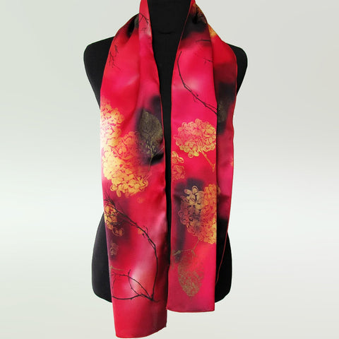 Hand-painted hydrangea silk scarf, red/gold