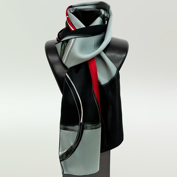 Hand-painted geometric designs silk scarf, black/red/silver