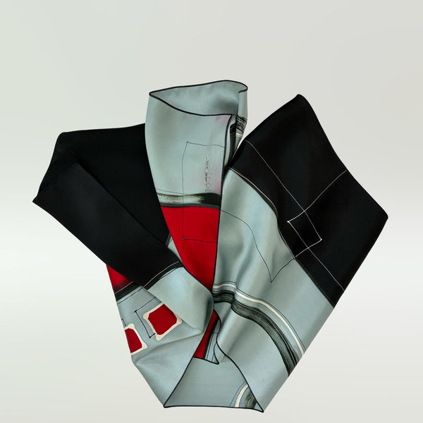 Hand-painted geometric designs silk scarf, black/red/silver
