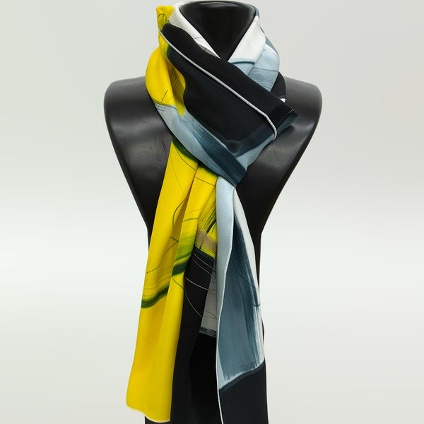 Hand-painted abstract art silk scarf, yellow