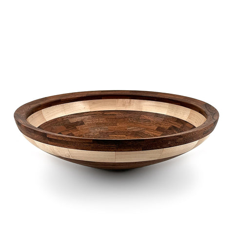 Centerpiece bowl in fused and layered walnut with maple accent