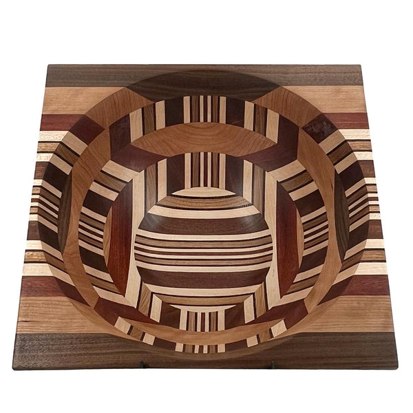One-of-a-kind square centerpiece bowl in contrasting wood patterns