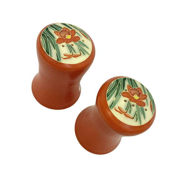 Modern ceramic salt & pepper set with floral relief, red