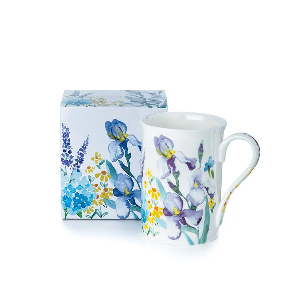 Bone china coffee or tea mug, purple botanical watercolor design
