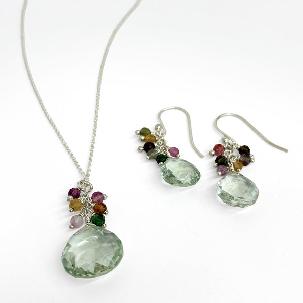 Set: Necklace & earrings, silver green amethyst & multi tourmaline