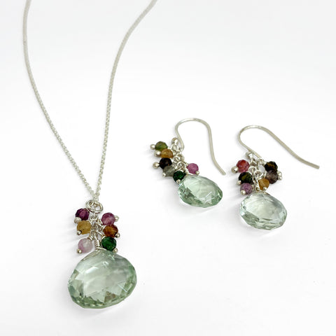 Set: Necklace & earrings, silver green amethyst & multi tourmaline