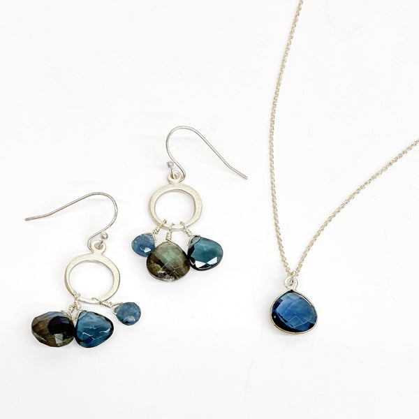 Set: Necklace & earrings, silver & smoky blue gemstones