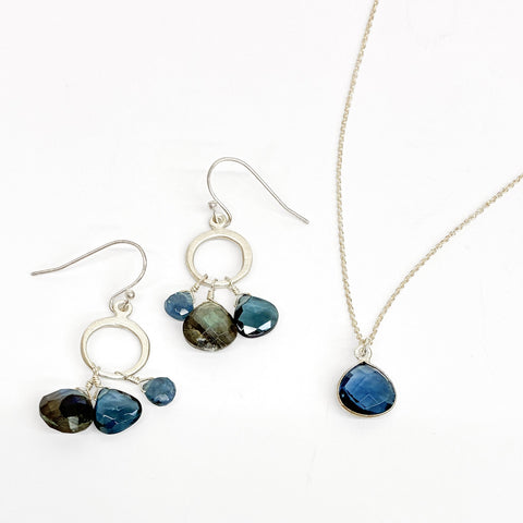 Set: Necklace & earrings, silver & smoky blue gemstones