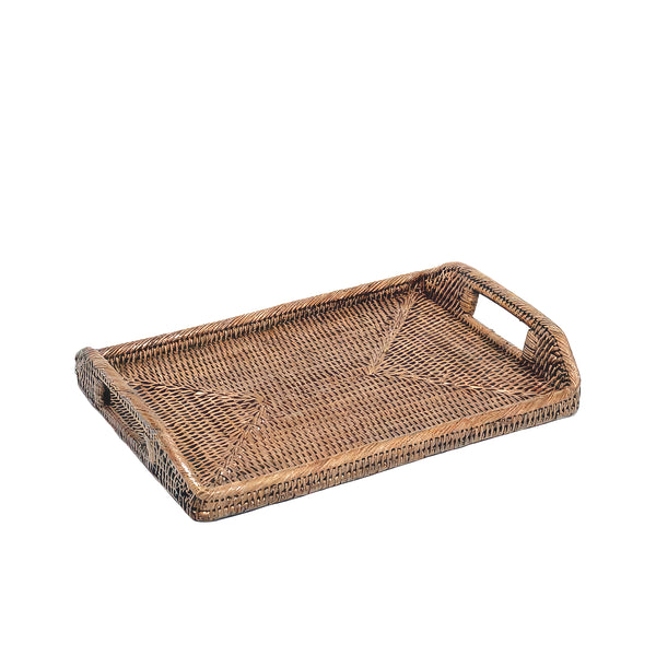 Woven rattan medium rectangular tray with cutout handles
