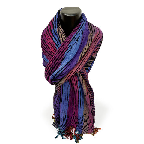 All-season scarf in plush silk blend, blue, fuchsia, tan