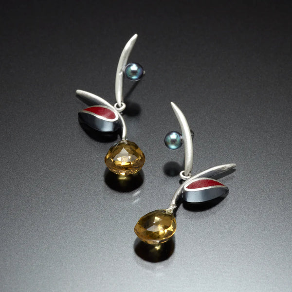 Silver twig earrings with red inlays by Susan Kinzig