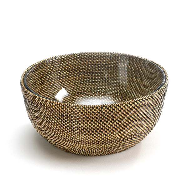 Glass salad bowl with woven rattan holder