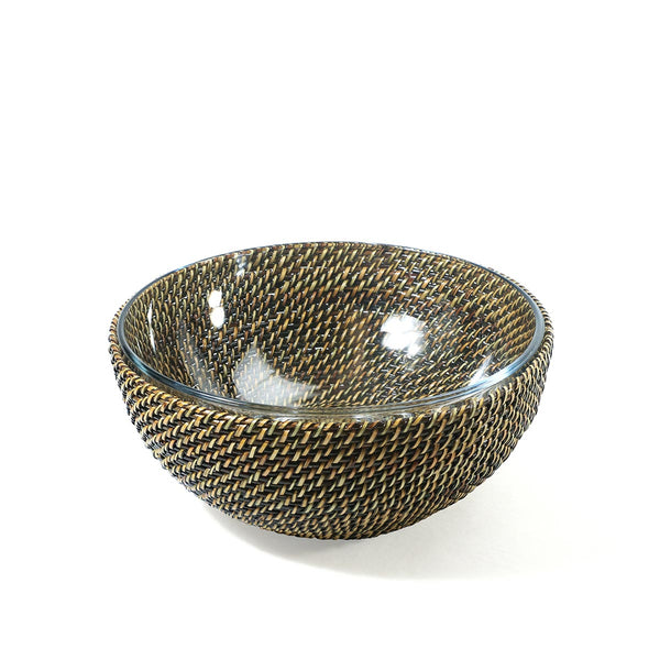 Glass salad bowl with woven rattan holder