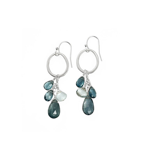 Philippa Roberts moss, aqua, and blue topaz earrings with silver rings