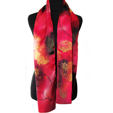 Hand-painted hydrangea silk scarf, red/gold