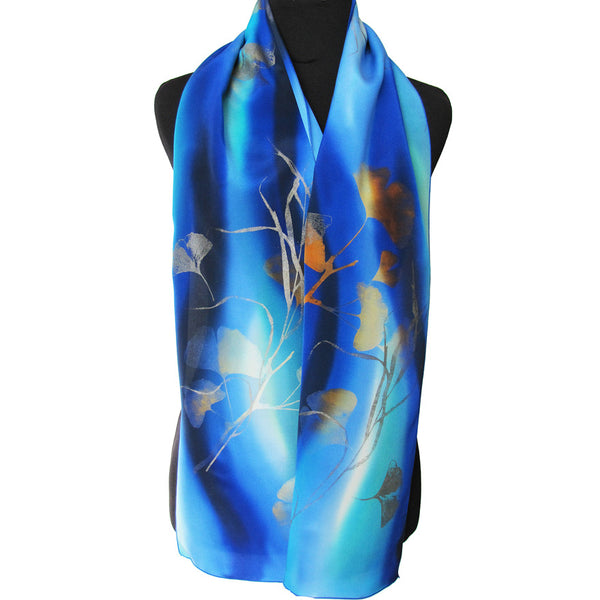 Hand-painted ginkgo silk scarf, cobalt blue