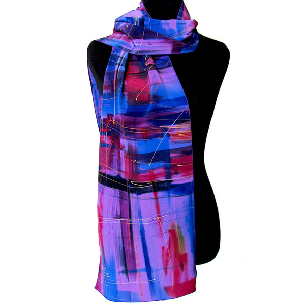Hand-painted purple rain silk scarf