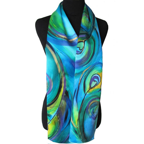 Hand-painted abstract peacock feathers silk scarf