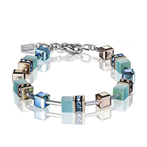 Coeur de Lion Cat Eye aqua/gold cubes and crystals bracelet