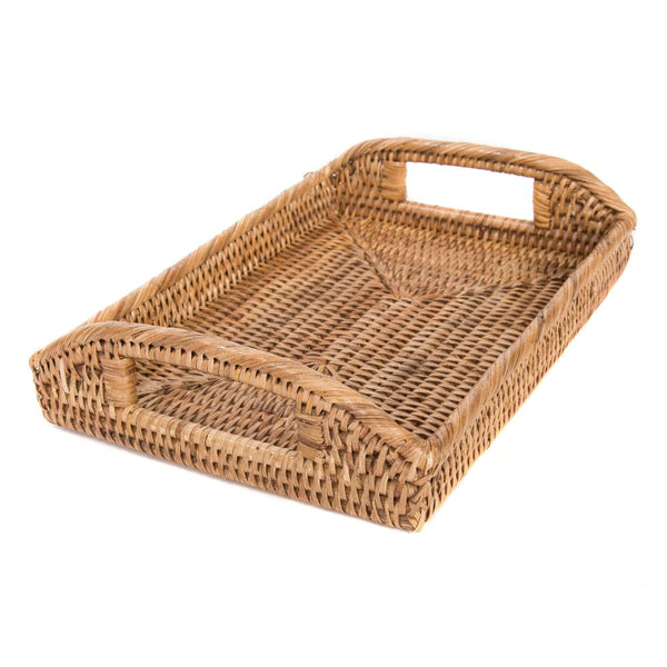 Woven rattan small rectangular tray with cutout handles