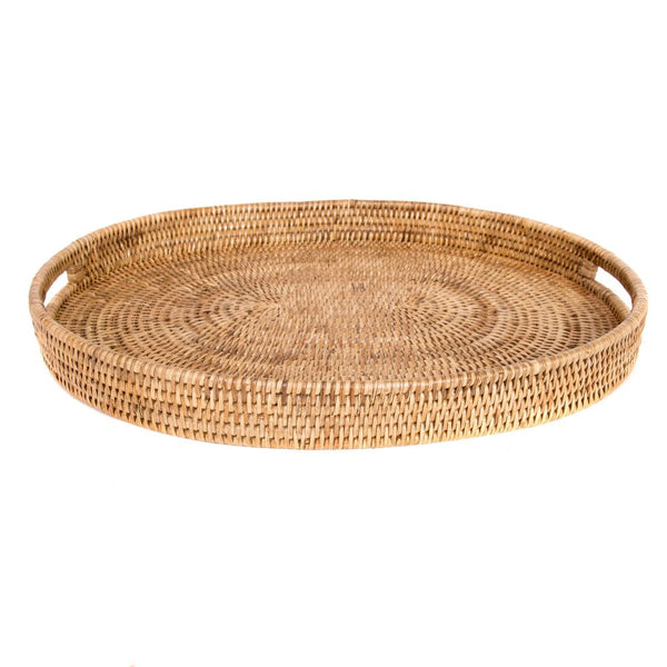Woven rattan large oval tray with cutout handles