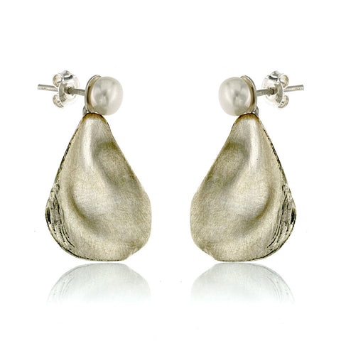 Satin-finish sterling silver and pearl oyster shell post earrings