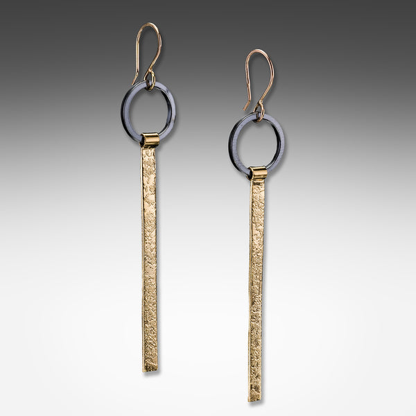 Suzanne Q Evon long tab gold vermeil earrings on silver ring