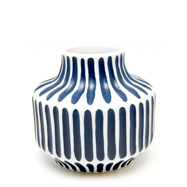 Ceramic vase small round carved blue & white