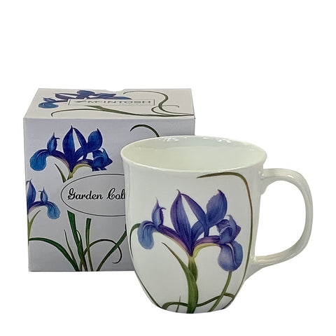 Bone china coffee or tea mug, blue iris design