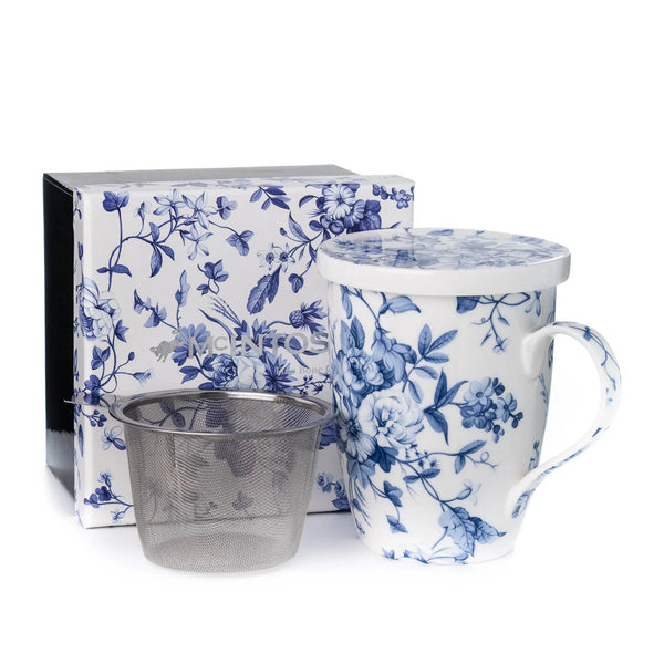 Bone china tea mug with infuser, blue floral design