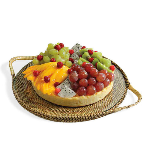 Woven rattan round serving tray with glass insert
