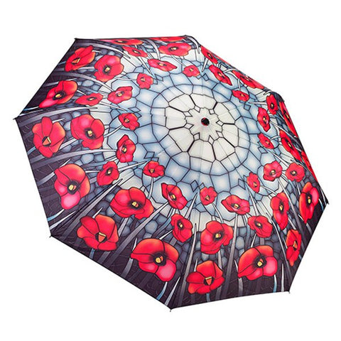 Automatic wind-resistant umbrella, stained glass poppies design