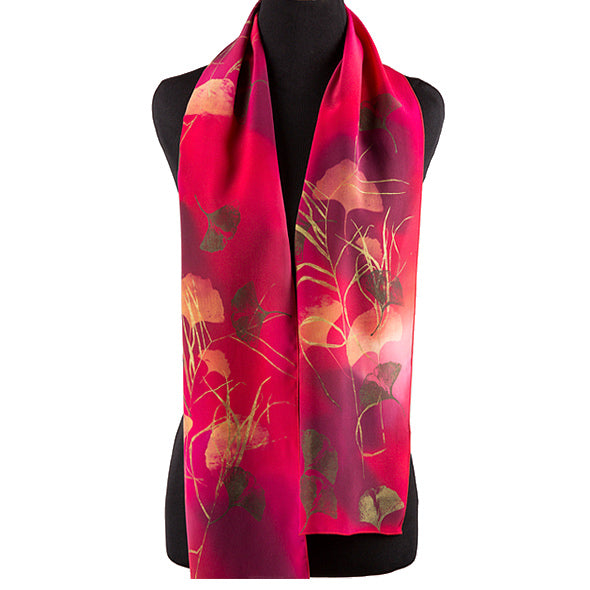 Hand-painted ginkgo silk scarf, red/gold