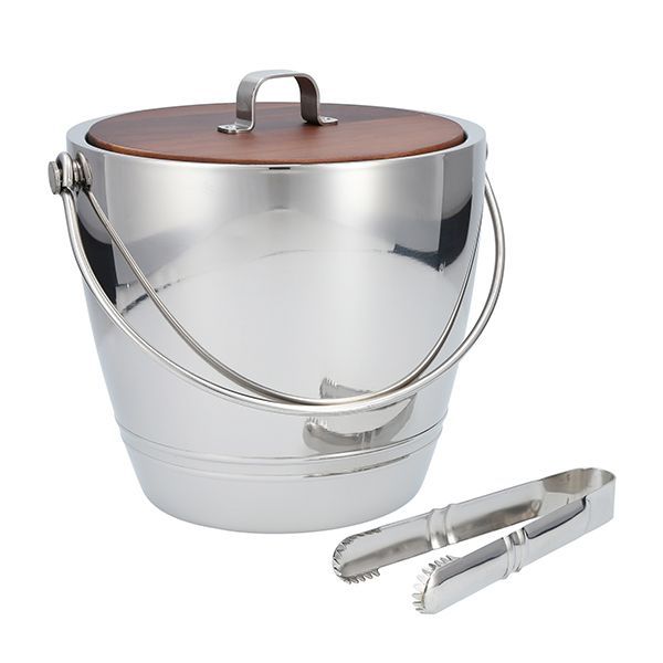 Stainless steel ice bucket with wooden lid and steel ice tongs