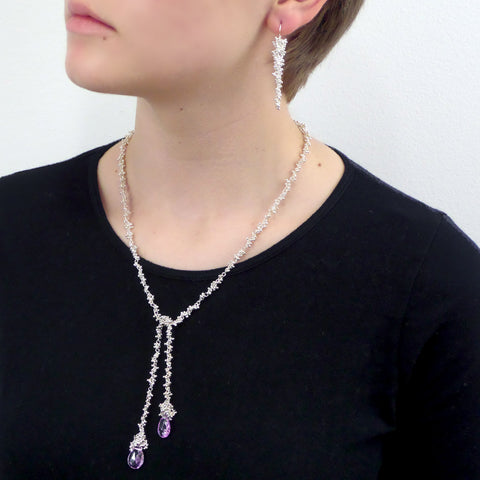 Magally Deveau silver lariat granulation necklace with amethyst gemstones