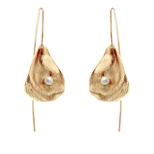 Satin-finish gold vermeil and pearl oyster shell drop earrings