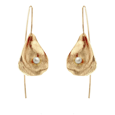 Satin-finish gold vermeil and pearl oyster shell drop earrings