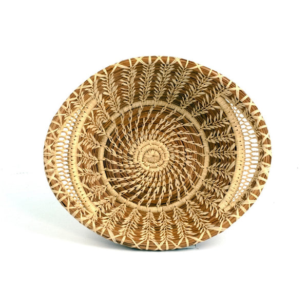 Lacy woven pine needle basket with handles