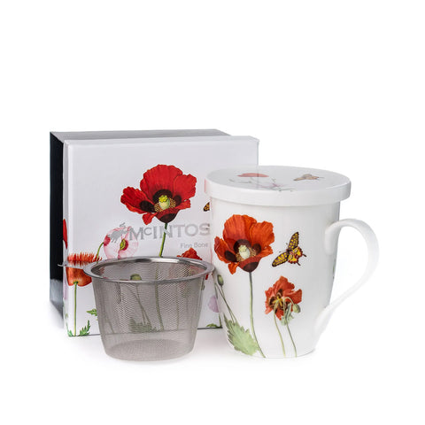 Bone china tea mug with infuser, red poppies design