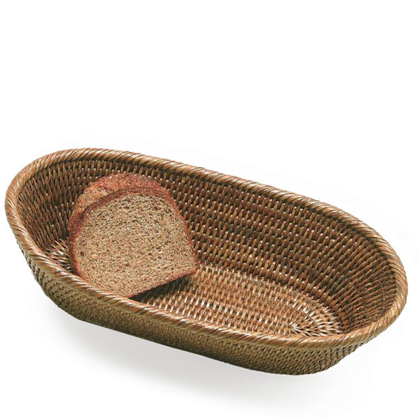 Woven rattan long oval basket with rolled edge