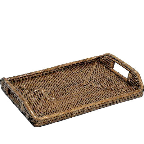 Woven rattan medium rectangular tray with cutout handles