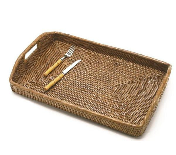 Woven rattan large rectangular tray with cutout handles