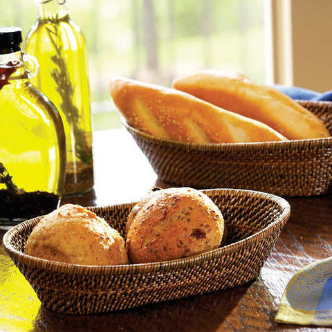 Woven rattan oval bread baskets with rolled edge